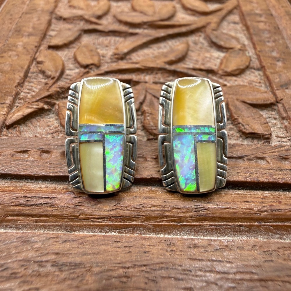 Sterling Silver Southwestern Inlay Earrings Signed Opal/Yellow‎ Stone